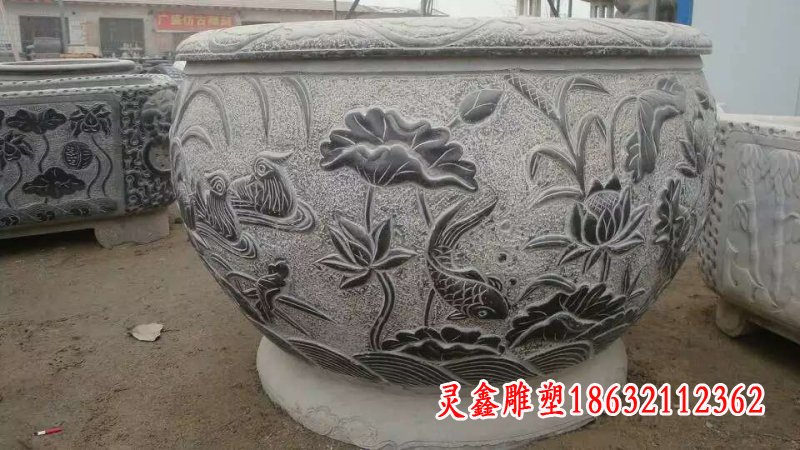 仿古荷花鯉魚石浮雕水缸